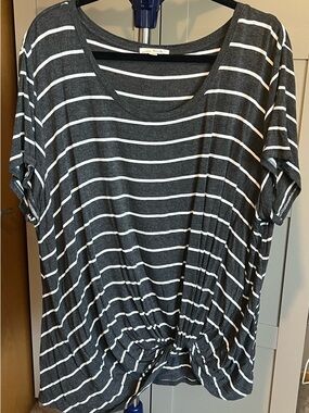 nine britton Charcoal & White Striped Scoop Neck Knot-Front Tee